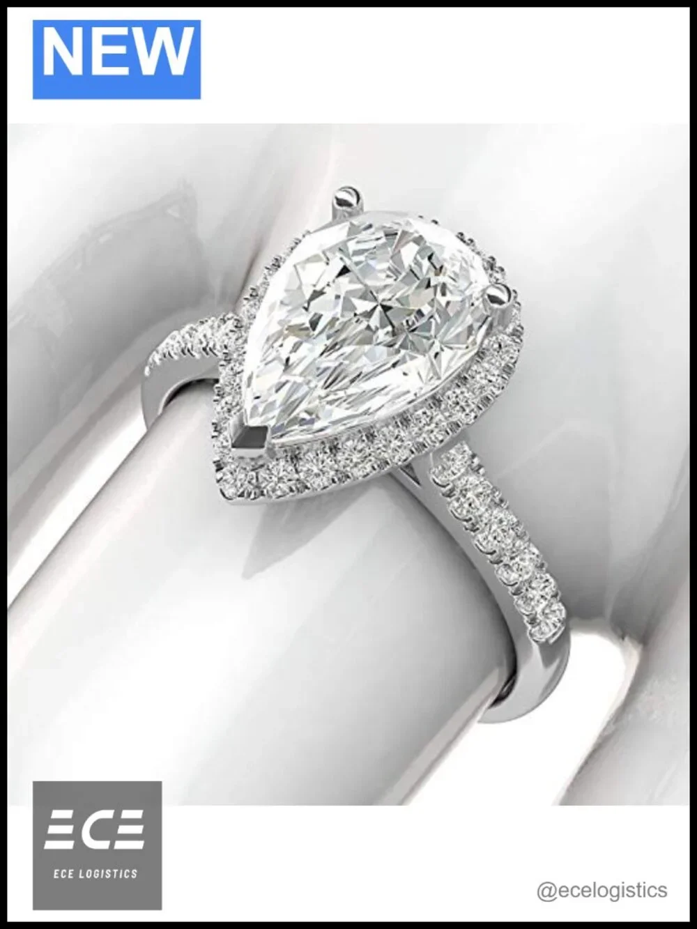 10k White Gold Simulated Pear Diamond Halo Engagement Ring with Side Stones